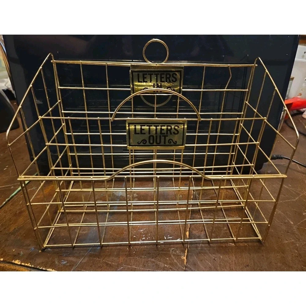 Vintage Brass Goldtone Wire Desktop Mail Sorter Inbox Outbox MCM Office Organize